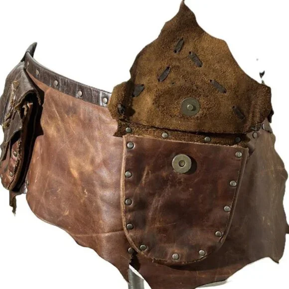 Brown Leather Small Saddle Bag Western Hip Bag Patchwork Riveted Belt Medium - Picture 5 of 10